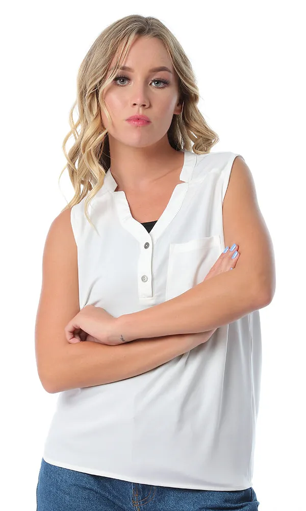 54408 Buttoned V-Neck Off-White Blouse