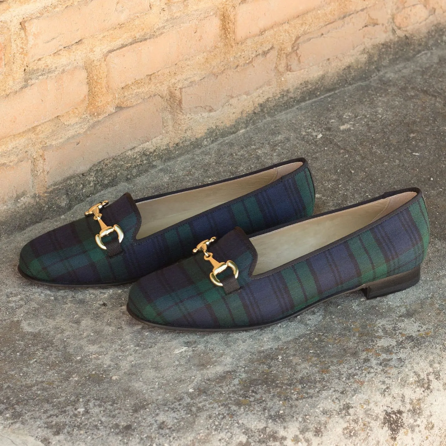 Ambrogio Bespoke Custom Women's Custom Made Shoes Blue & Green Fabric Horsebit Loafers (AMBW1066)