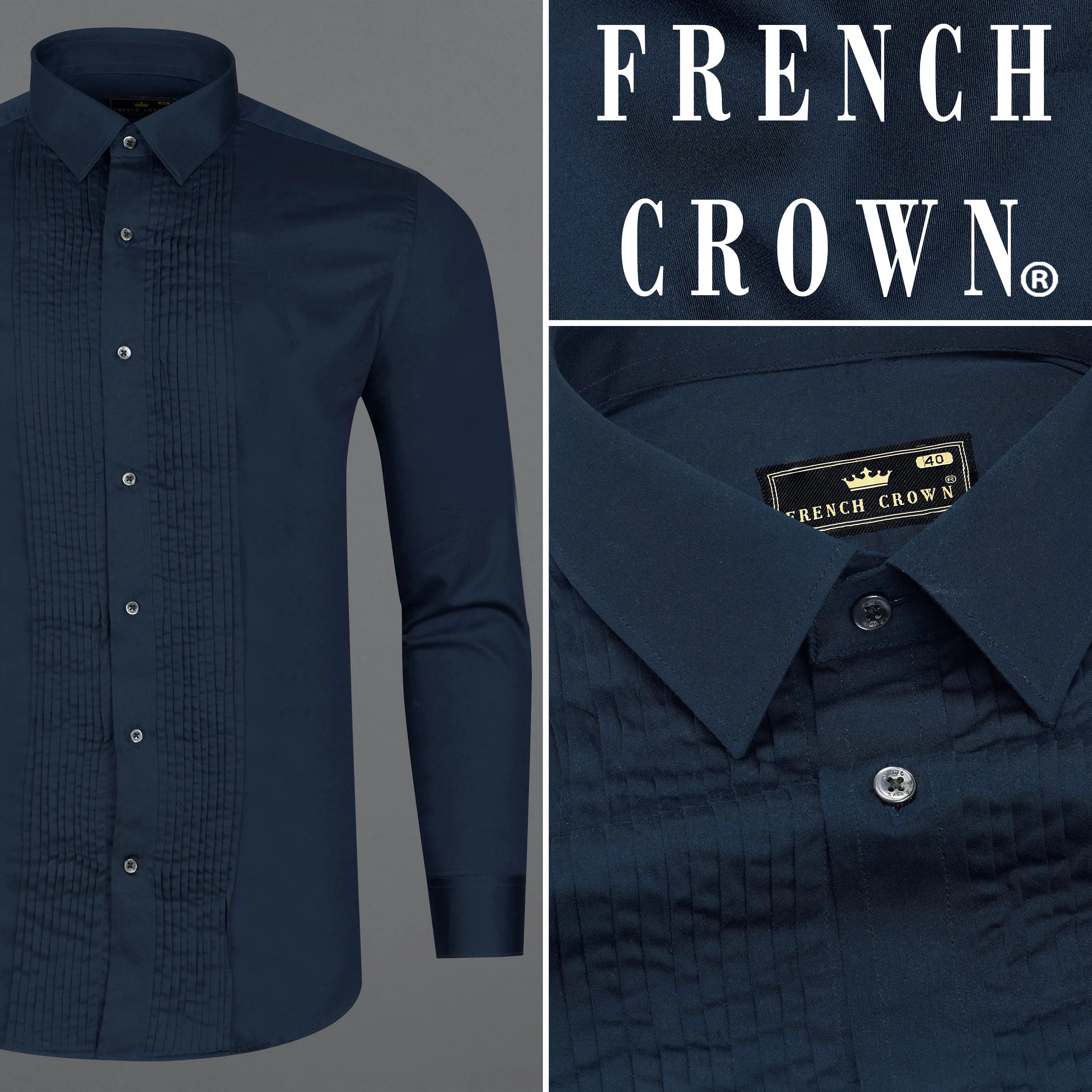 Baltic Sea Navy Blue Subtle Sheen Snake Pleated Super Soft Premium Cotton Tuxedo Shirt