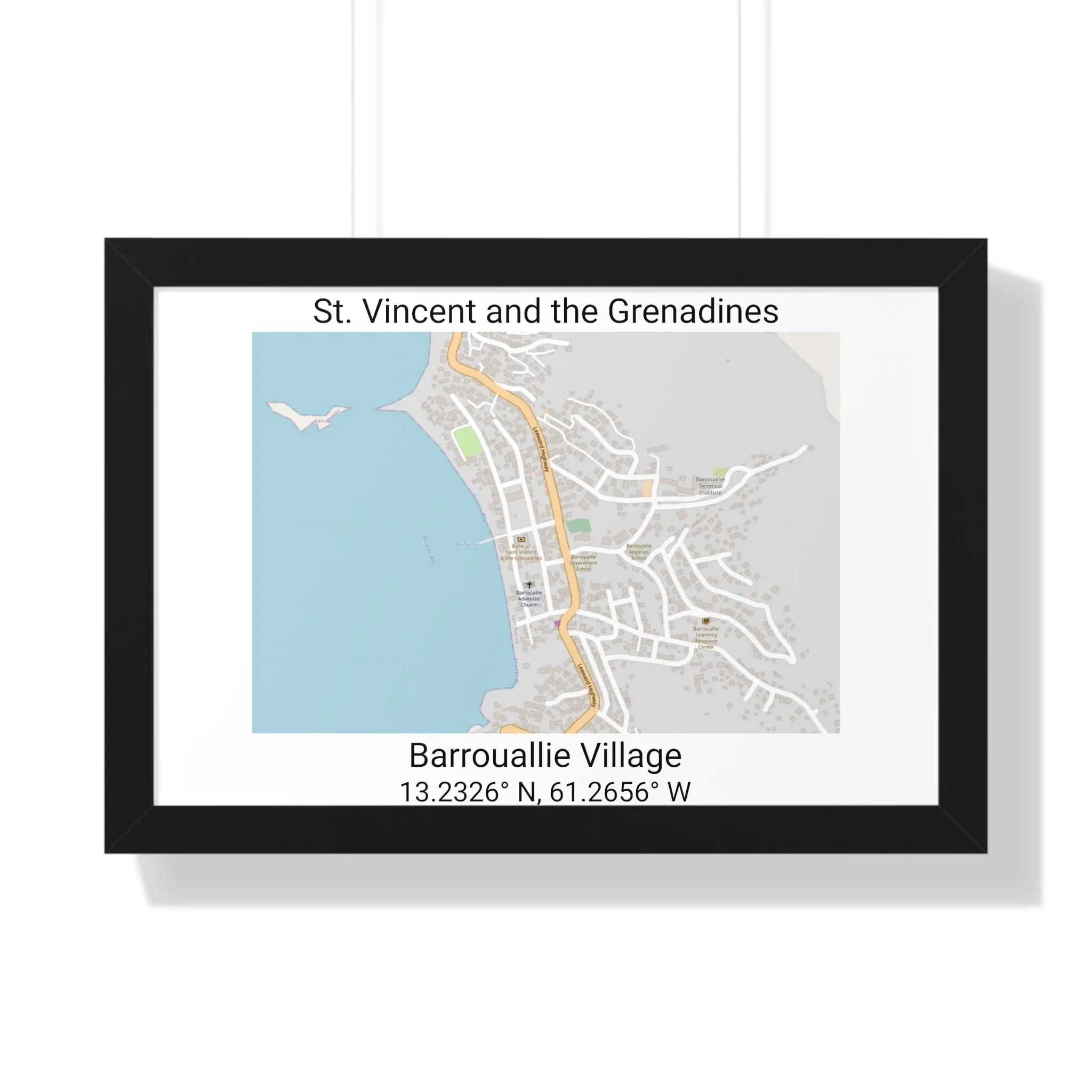 Barrouallie Village St. Vincent and the Grenadines Map Framed Print Poster, City Map Print Poster