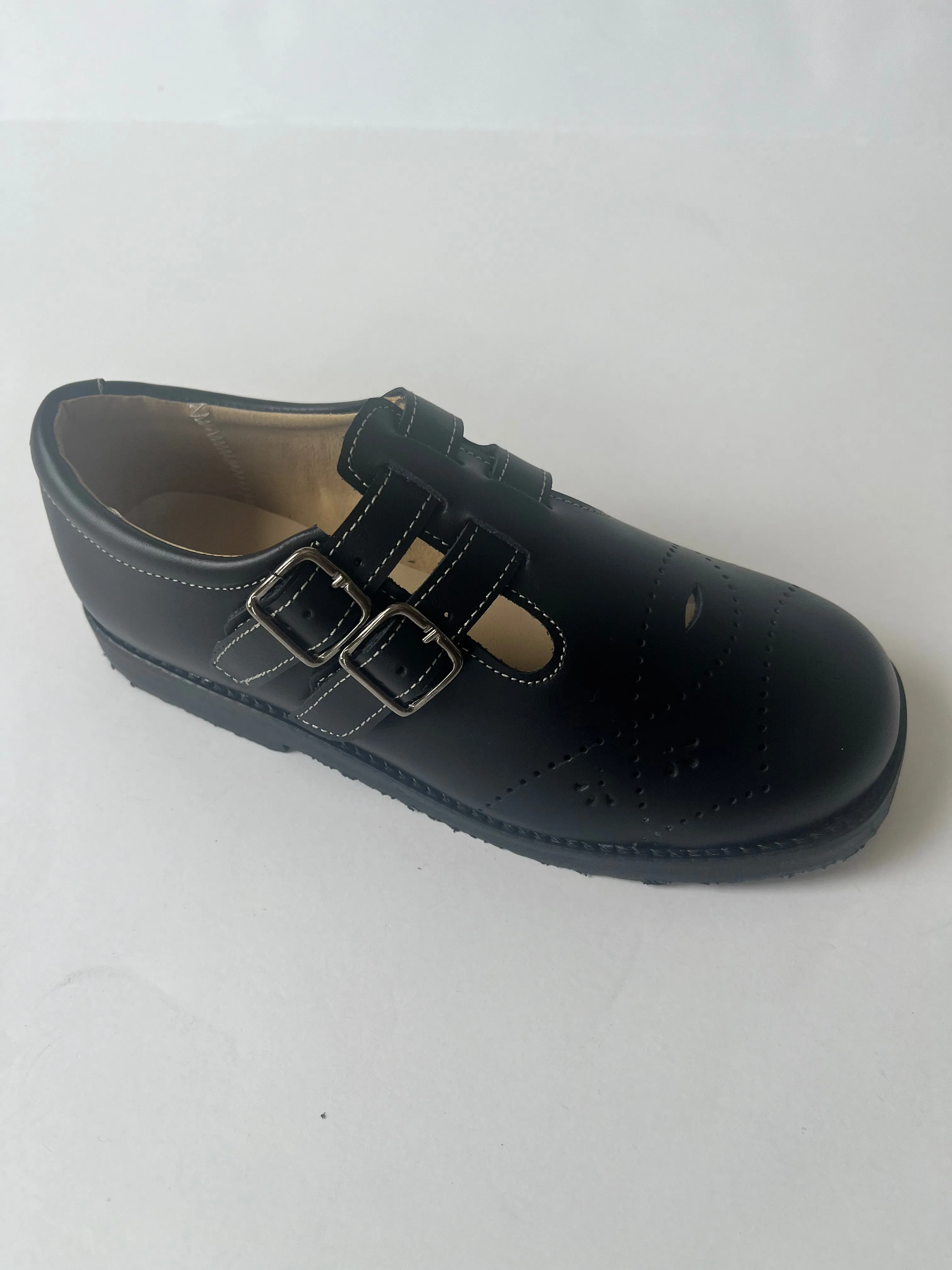 Black double straps with buckle school shoe and piping(14)