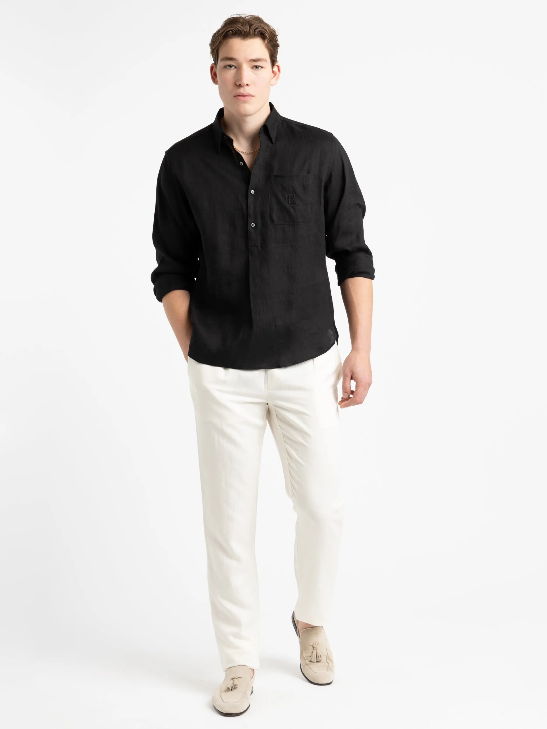 Black Textured Linen Popover Shirt