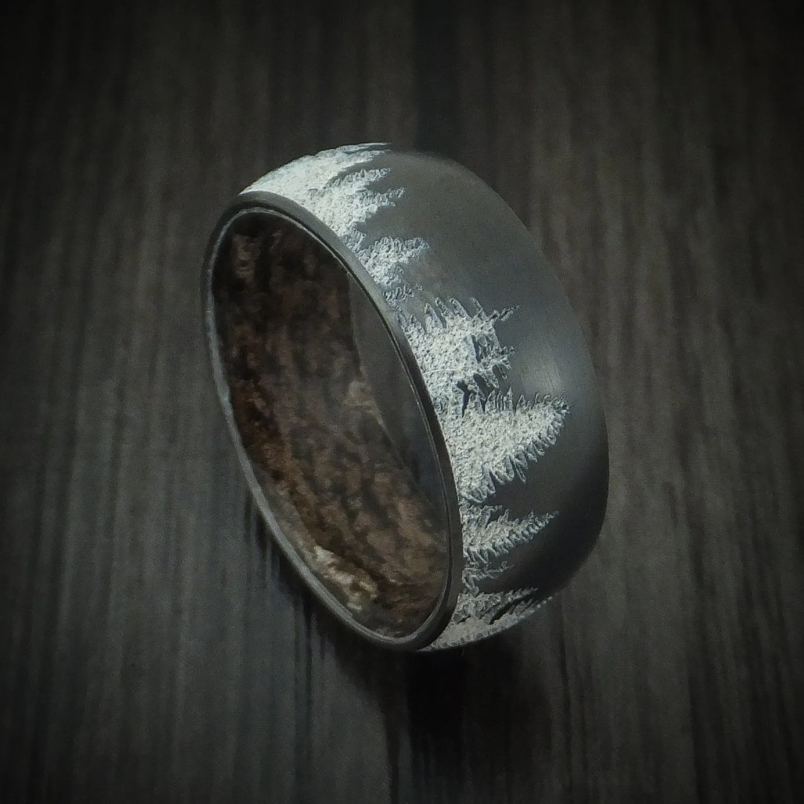 Black Titanium Spruce Pine Tree Men's Ring with Camo Sleeve Custom Made Wedding Band