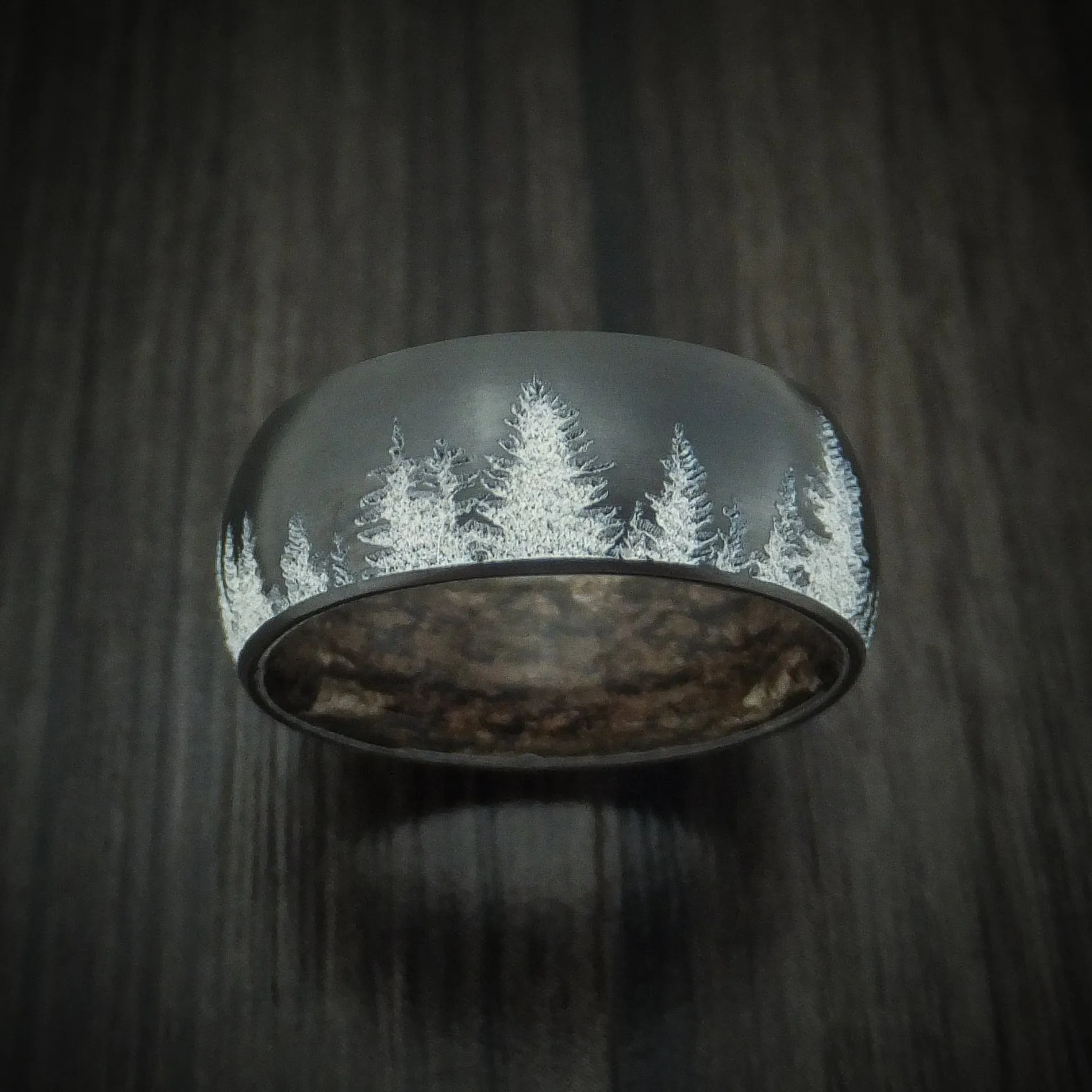 Black Titanium Spruce Pine Tree Men's Ring with Camo Sleeve Custom Made Wedding Band