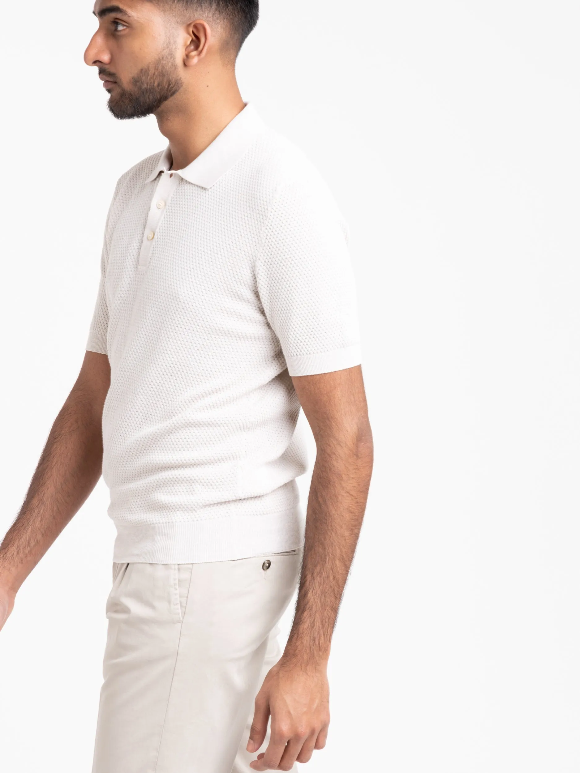 Bone White Waffle Knit Polo Shirt