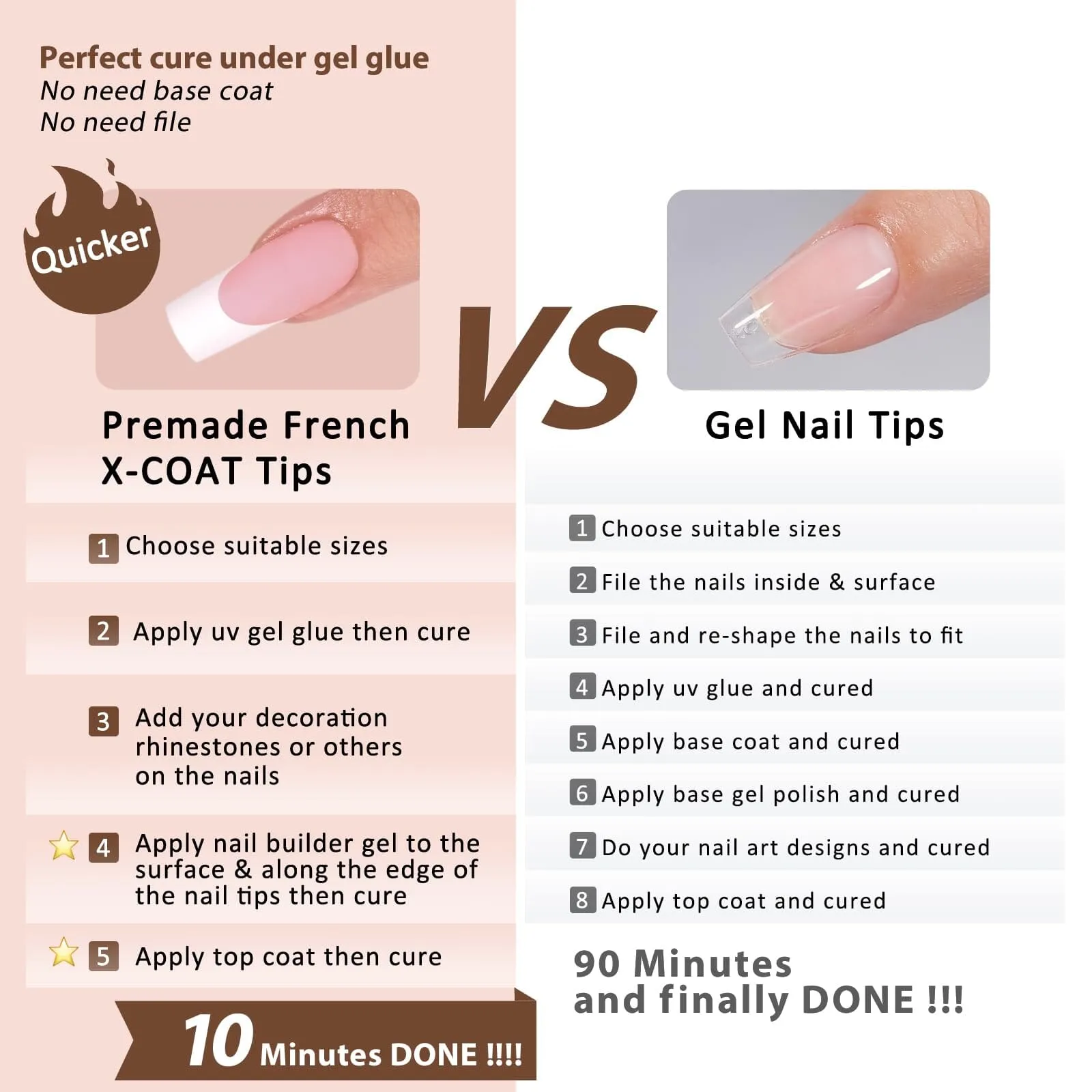 BTArtboxnails French Gel Nail Tips - French Tip Press on Nails Pink Long Square XCOATTIPS Pre-applied Tip Primer & Base Coat, No Need to File Fake Nails for Nail Art DIY