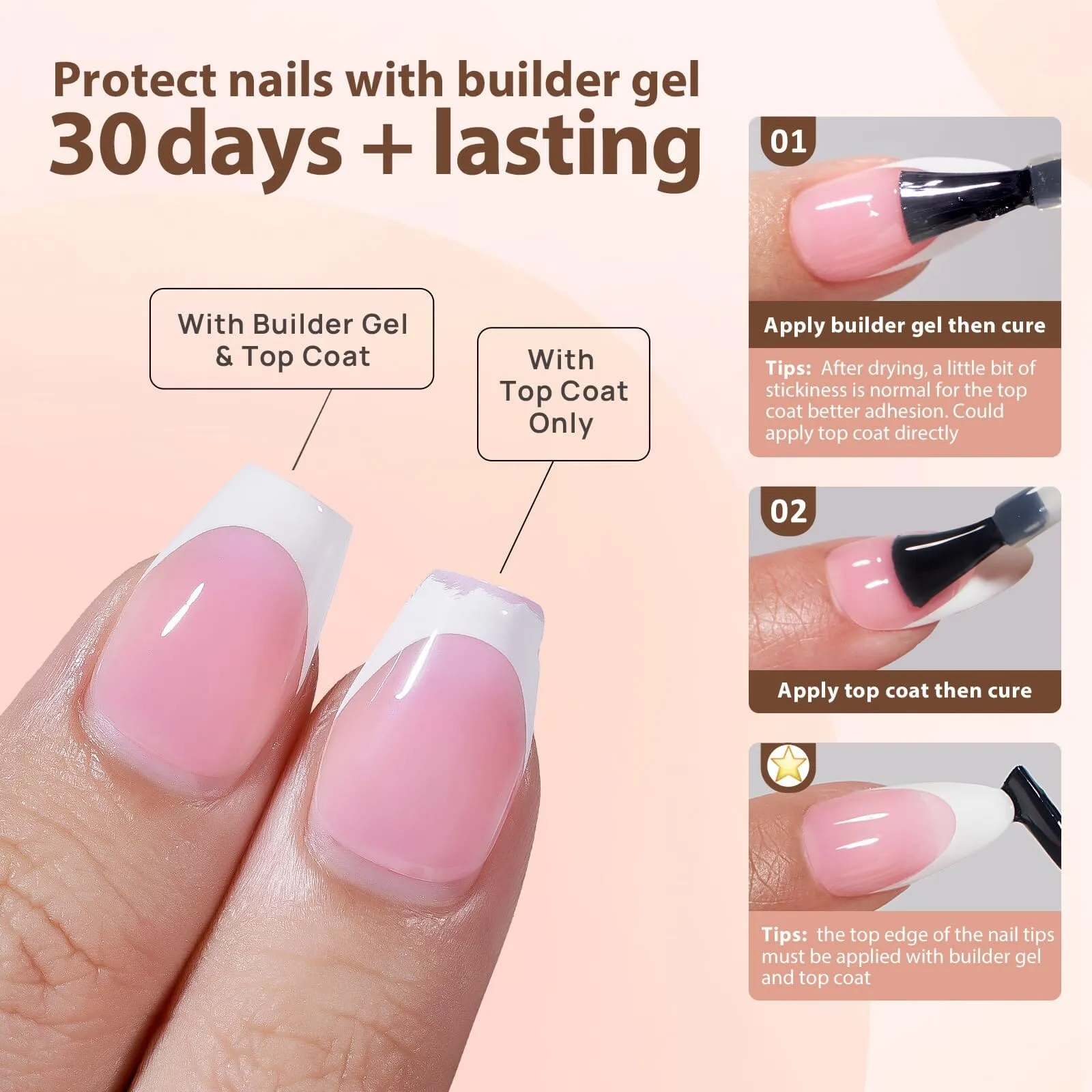 BTArtboxnails French Gel Nail Tips - French Tip Press on Nails Pink Long Square XCOATTIPS Pre-applied Tip Primer & Base Coat, No Need to File Fake Nails for Nail Art DIY