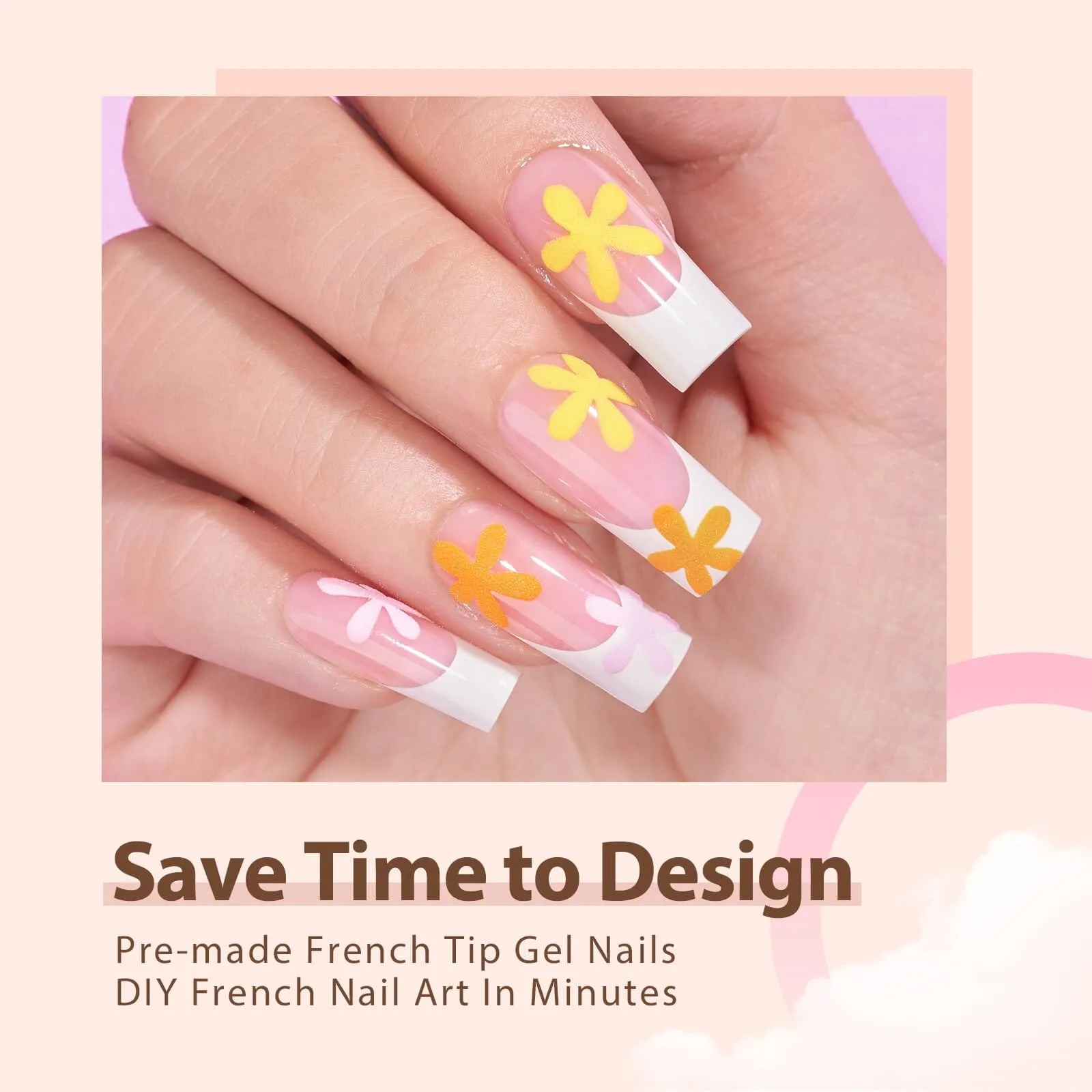 BTArtboxnails French Gel Nail Tips - French Tip Press on Nails Pink Long Square XCOATTIPS Pre-applied Tip Primer & Base Coat, No Need to File Fake Nails for Nail Art DIY