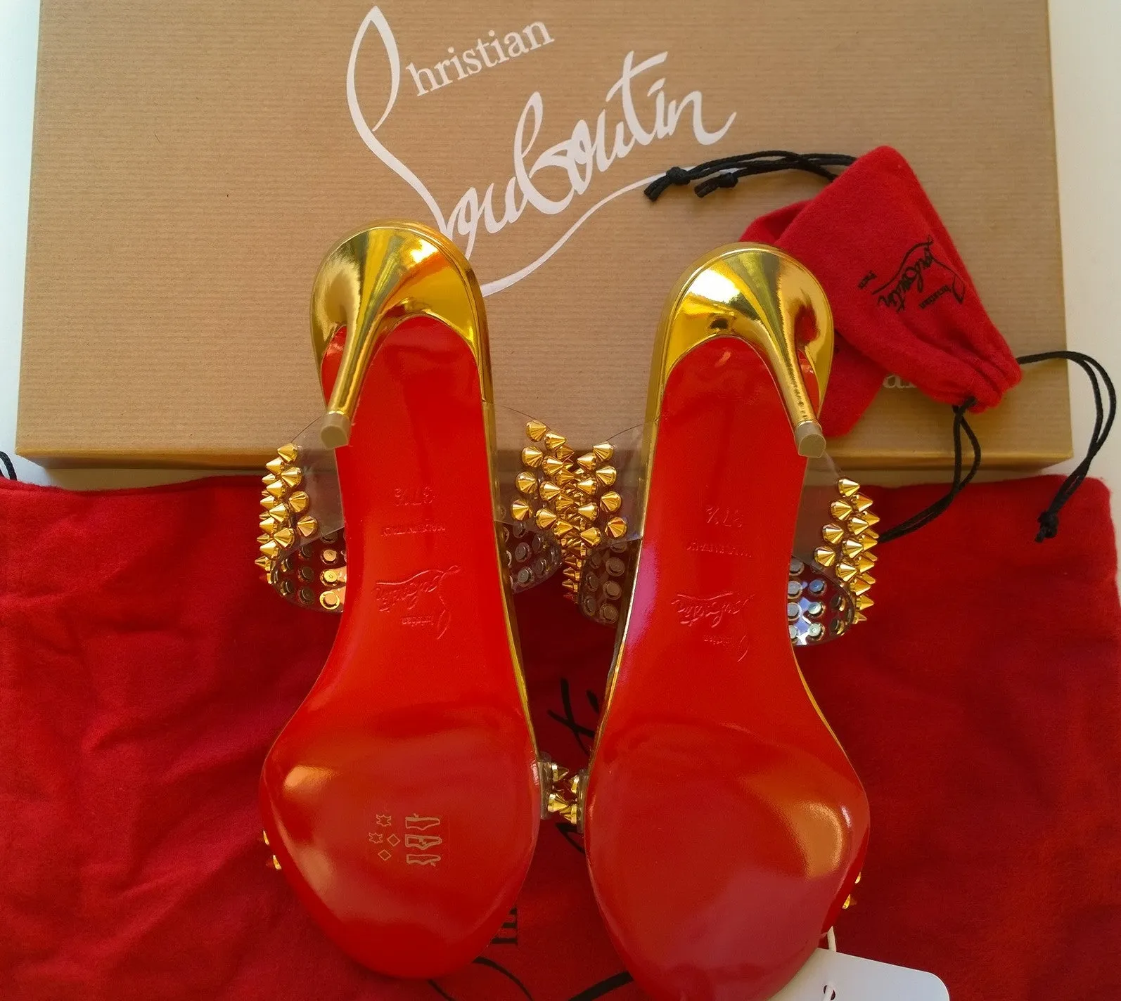 Christian Louboutin Spikes Only Gold Specchio 85 PVC and Leather Mules new sandals