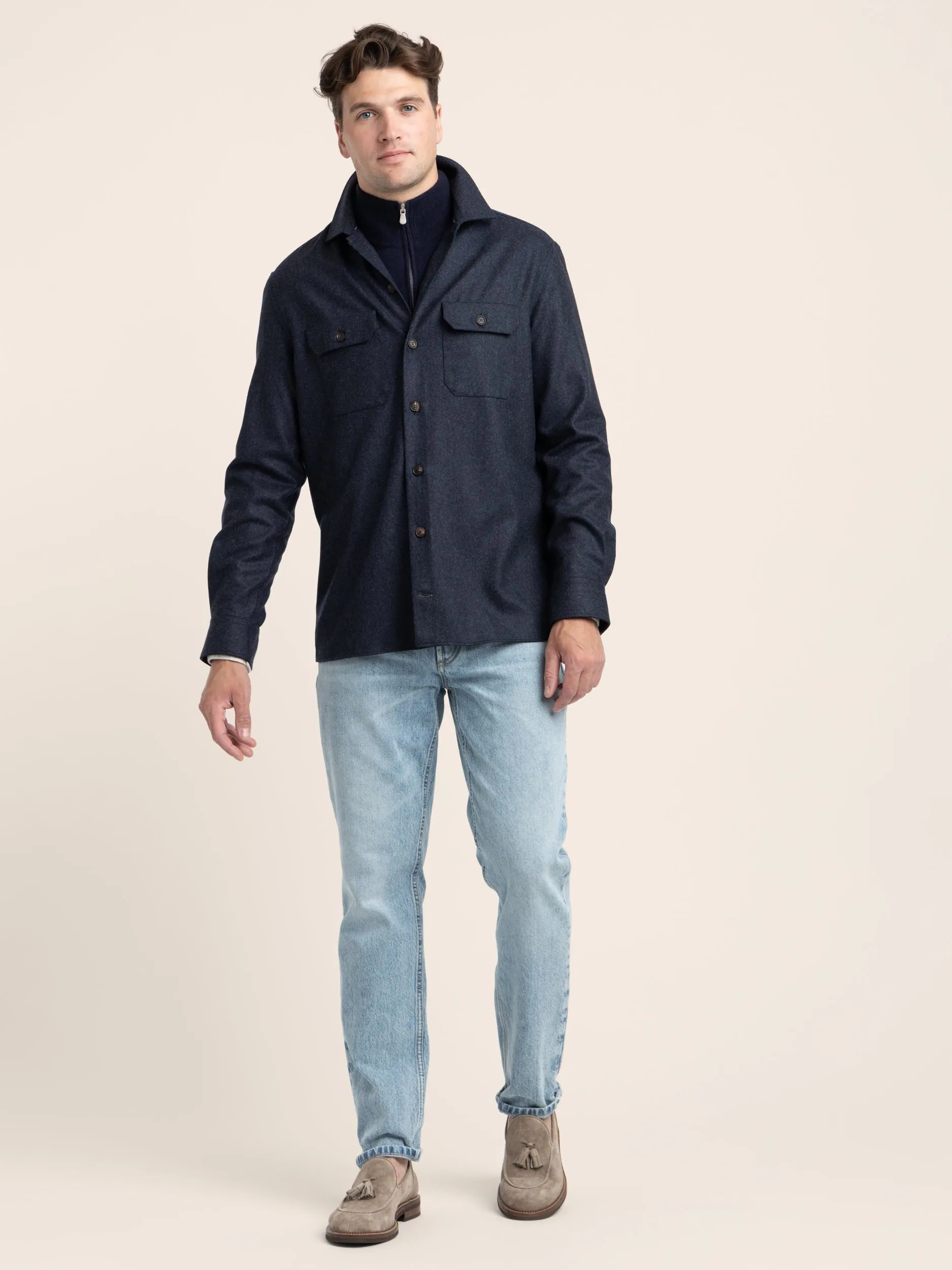 Dark Blue Virgin Wool Flannel Overshirt