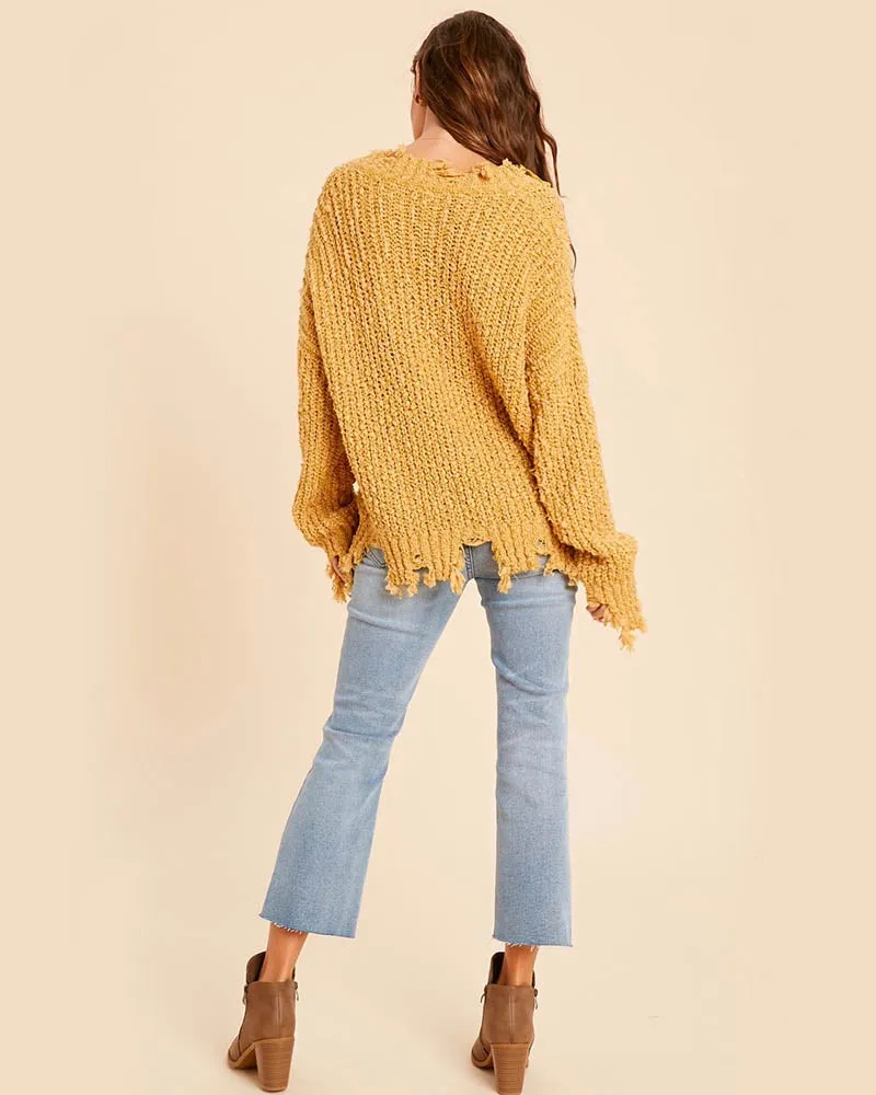 Distressed Hem Popcorn Yarn Knit V-Neck Sweater - Mustard