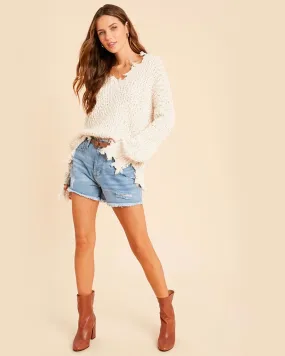 Distressed Hem Popcorn Yarn Knit V-Neck Sweater - Natural