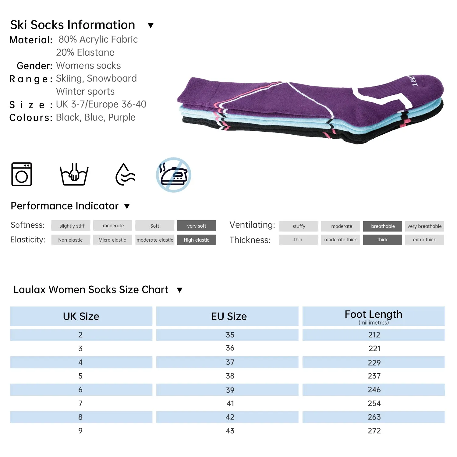 Laulax 3 Pairs Ladies Long Hose Cashmere-Like Ski Socks, Size UK 3 - 7 / Europe 36 - 40, Gift Set, Purple, Blue, Black