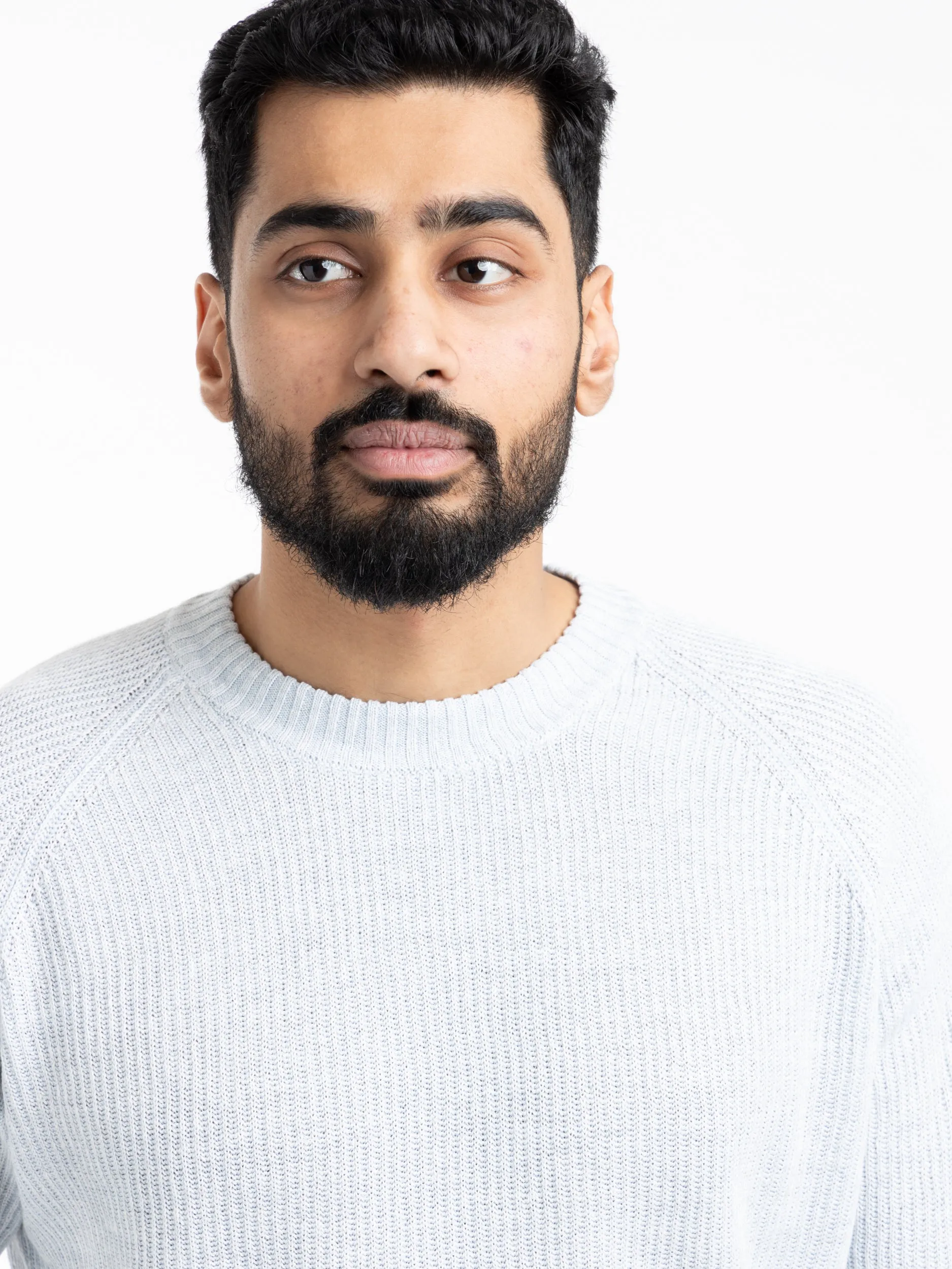 Light Blue Ribbed Flax-Cotton Crewneck Sweater