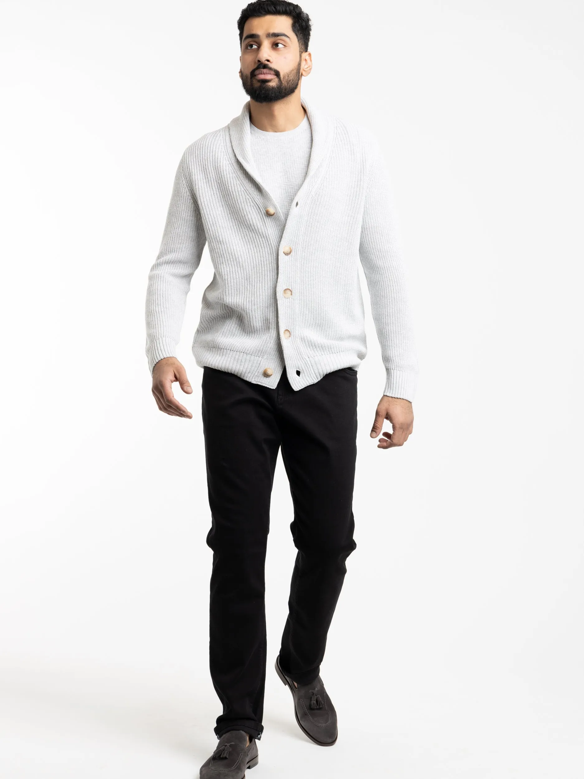 Light Grey Flax-Cotton Ribbed Cardigan