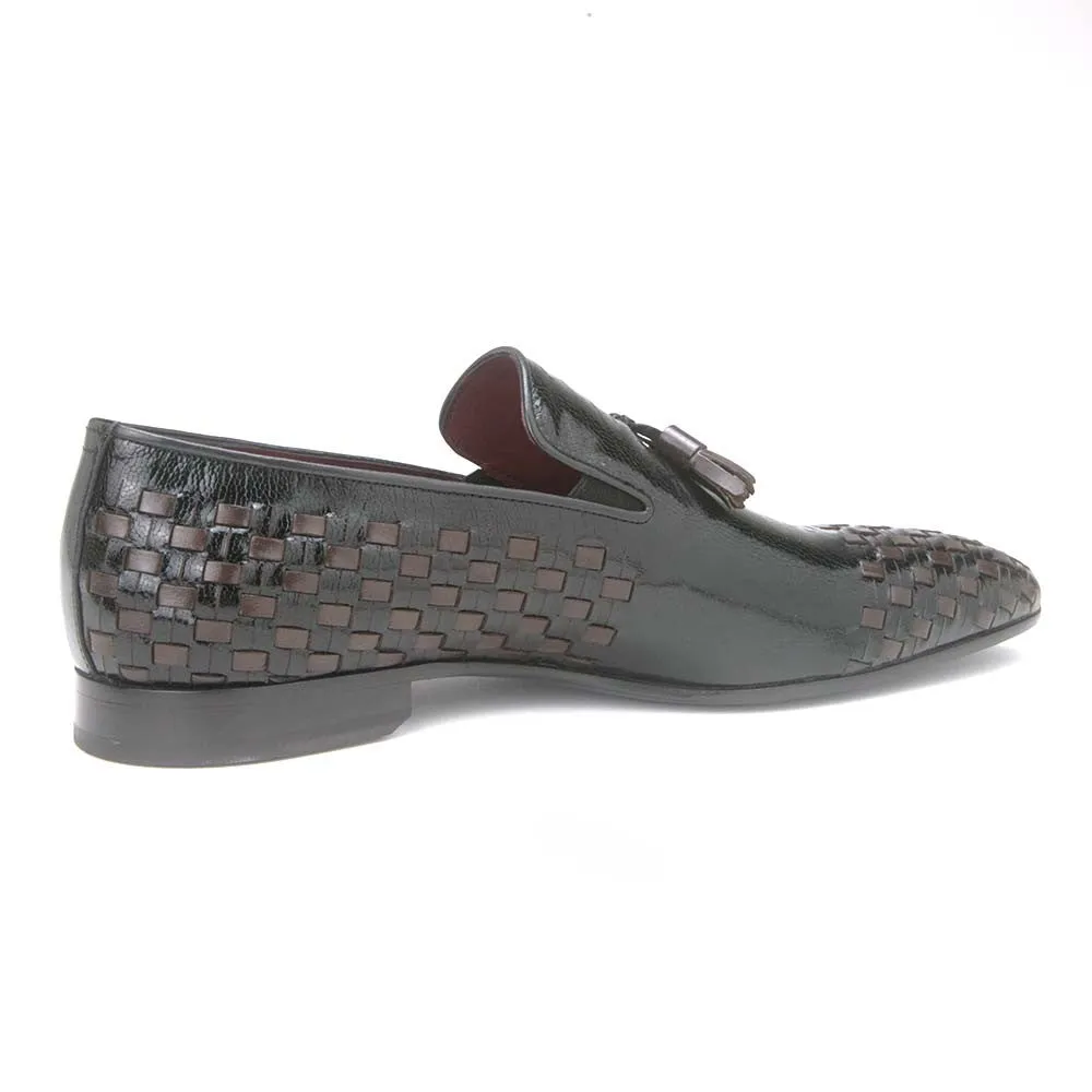 Mario Manzoni Ostrich Leg Black and Brown Woven Tassal SlipOn