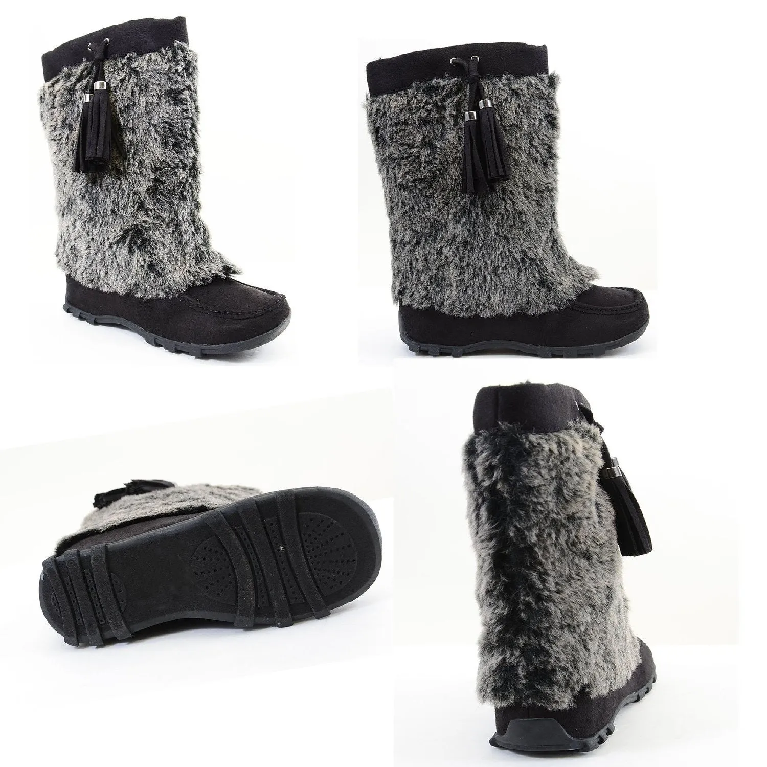 Soft Vegan Furry Suede Tassel Winter Flat Boot Black