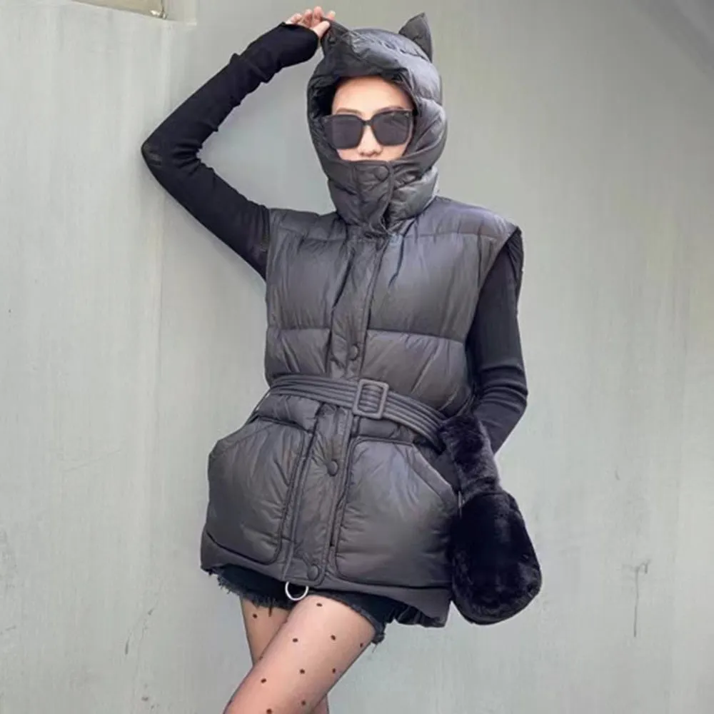 Solid Casual Vest Coat For Women Hooded Collar Sleeveless Solid Sashes Single Breasted Vests Female Clothing Winter