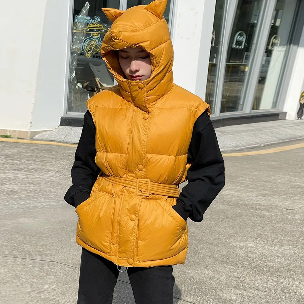 Solid Casual Vest Coat For Women Hooded Collar Sleeveless Solid Sashes Single Breasted Vests Female Clothing Winter