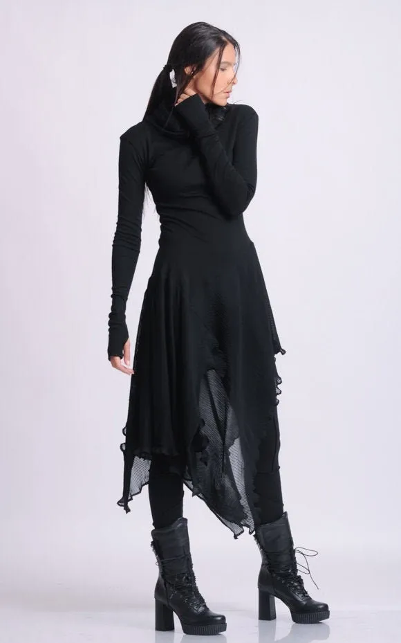 Turtleneck Black Tunic With Pleated Choffon Layer