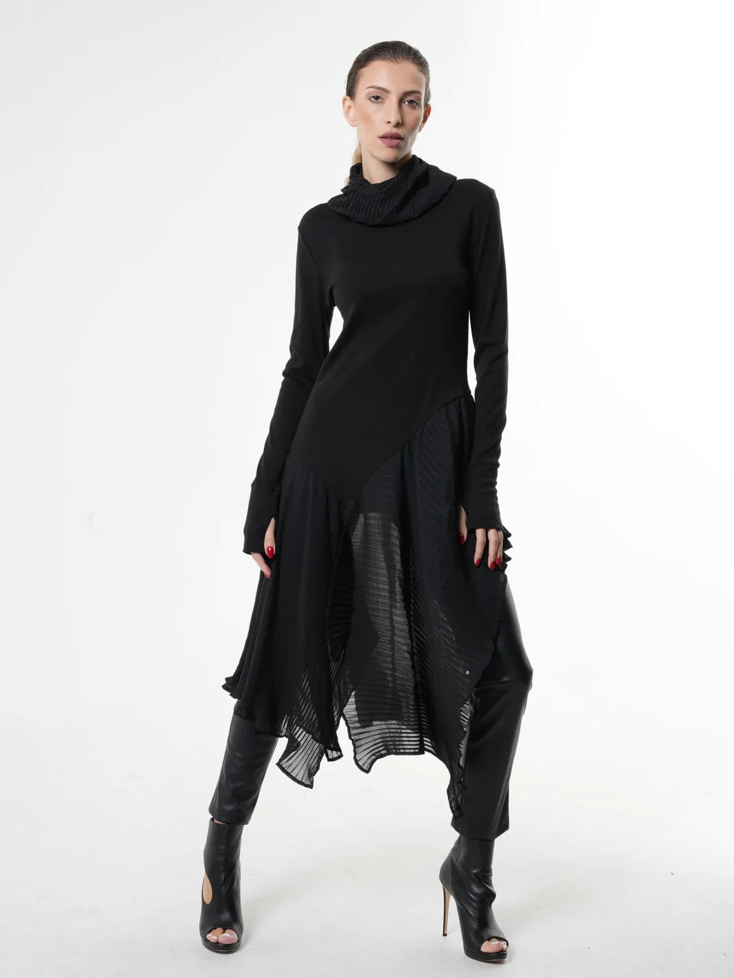 Turtleneck Black Tunic With Pleated Choffon Layer