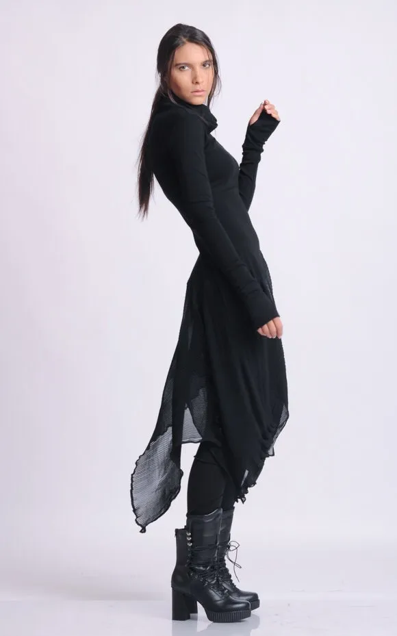 Turtleneck Black Tunic With Pleated Choffon Layer