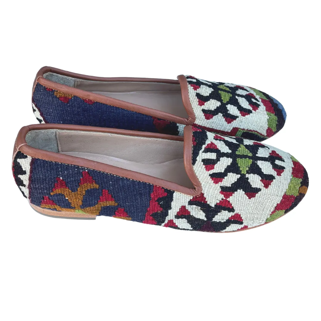 Women's Turkish Kilim Loafers | Cream with Red & Black Pattern